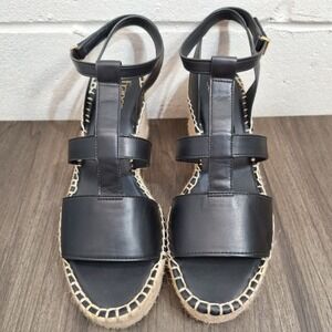 Franco Sarto Cassia Black T-Strap Espadrille Wedge Sandals Womens 9M 3 Inch Heel